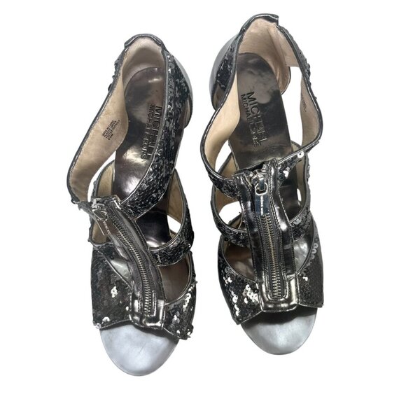 MICHAEL KORS High Heel Size 9.5 Dark Silver Sequin Zip T Strap - Picture 7 of 9